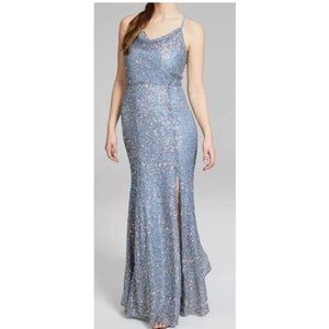 BCX Dresses frost blue sequin maxi dress with cowl neck & font slit size 15